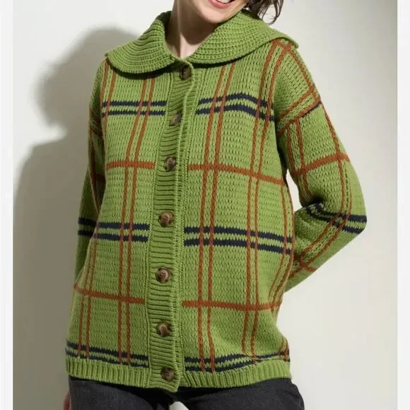 Green Plaid Button-Front Knit Cardigan - Picture 2 of 7
